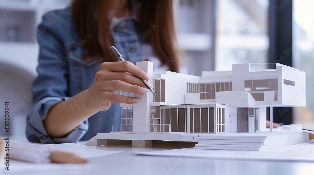 Poster A female architect holding and working on an architecture house model with shop drawing paper in the office : Generative AI