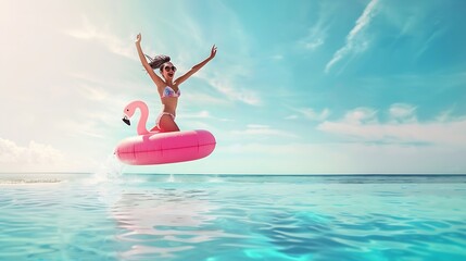 Vacation beach woman jumping of joy with pink flamingo pool float for summer holidays on ocean banner background Fun travel excited girl for luxury Caribbean holiday panoramic : Generative AI