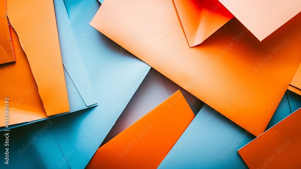 Poster from above layout of colorful cardboard sheets in orange and blue shades : generative ai