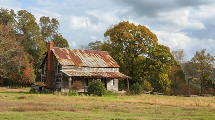 Derelict Farmhouse in Lush Mountain Setting. Early morning light bathes a derelict farmhouse in a serene mountainous landscape