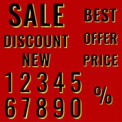 Set of 3D numbers and words in black and gold color for advertising banners, coupons, vouchers, labels, tags, vector.