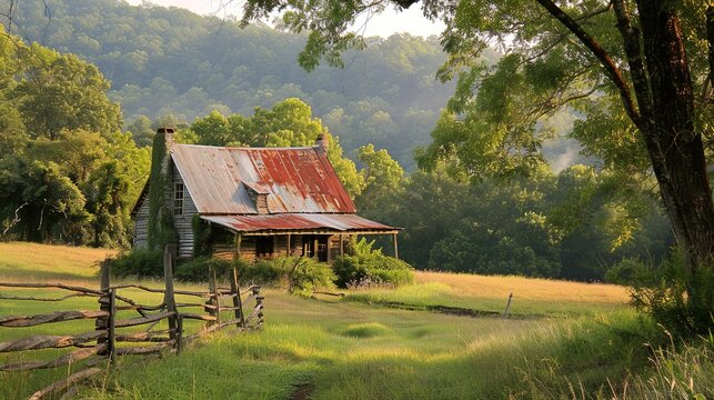 Abandoned House with Rusty Roof in Autumn. A dilapidated house with a rusty metal roof surrounded by autumn foliage under cloudy skies. - Powered by Adobe