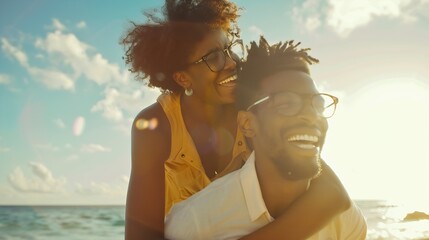 African american happy couple having fun piggyback riding and playing airplane on the beach Black man and afro hair woman in playful moment on the shore at summer time Concept of hap : Generative AI
