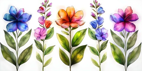 Wildflower Watercolor Set with Green Leaves for Wedding Stationery and Fashion. Concept Watercolor Painting, Floral Design, Wedding Stationery, Fashion Illustration, Green Leaves