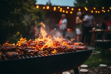 Backyard barbeque grill with fire, summer bbg party, blurred background
