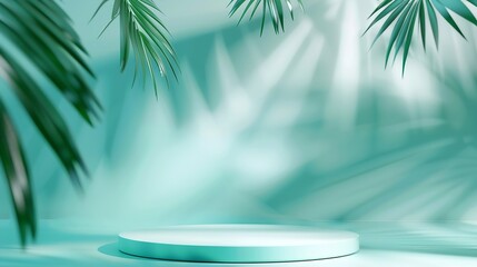 Fototapeta premium Abstract green background with shadow of palm leaves for the presentation of a cosmetic product A scene with a geometric backdrop Podium for product promotion beauty natural eco cosmet : Generative AI