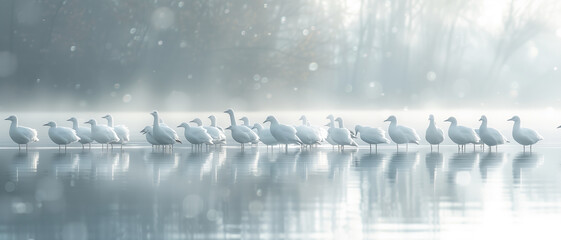 A lot of white birds on the lake