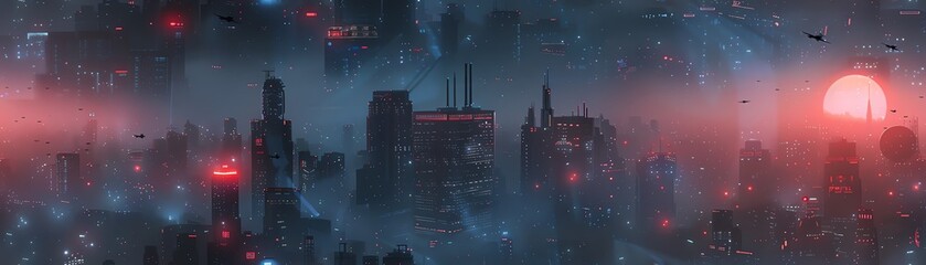 Visualize a cyberpunk cityscape with drones and androids coexisting Utilize unique camera angles to showcase the synergy between dystopian elements and futuristic robotics