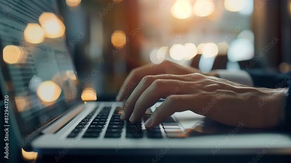 Fototapete hand of businessman using keyboard of laptop computer blank screen he is working business on table i