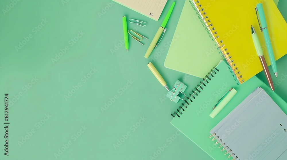 Aufkleber back to school background flat lay top view of school accessories notebook pens on isolated light gr