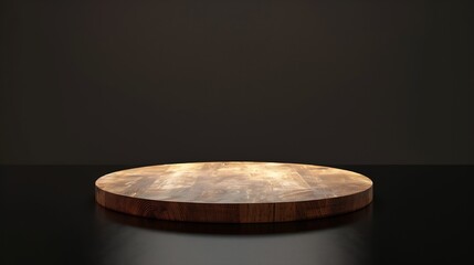 Eco rustic wood circle disc platform podium canvas fabric on black background Minimal empty display product presentation scene : Generative AI
