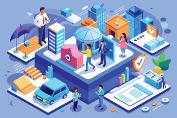 Obraz premium A group of people gathered on the rooftop of a building, standing together and looking out over the city, Insurance Customizable Isometric Illustration