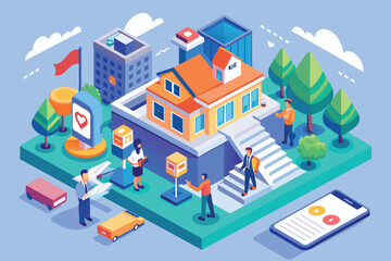 A group of people are gathered outside of a house, Insurance Customizable Isometric Illustration