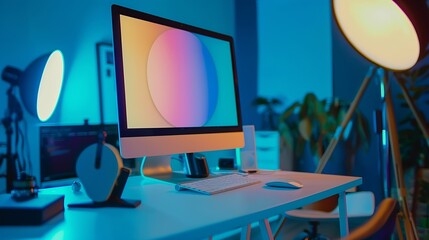 Web design studio with promo page on computer display and copy space beside : Generative AI