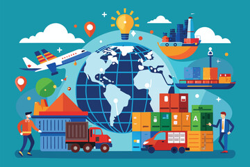 Naklejka premium A man stands next to a globe with various cargo boxes around him in a global trade setting, International trade Customizable Semi Flat Illustration