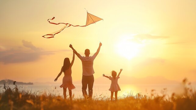 Happy family father  mother and child daughter launch a kite on nature at sunset : Generative AI