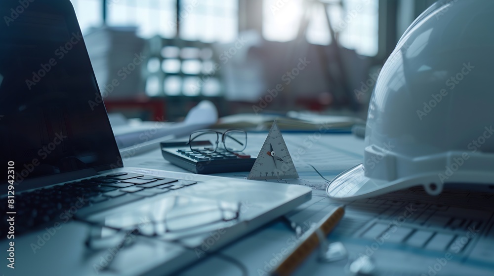 Poster Engineering working with drawings inspection on laptop  in the office and Calculator triangle ruler safety glasses compass on Blueprint Engineer Architect Industry and factory concept : Generative AI