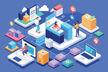 Obraz premium Several individuals standing together atop a giant cell phone in an isometric illustration, Intranet Customizable Isometric Illustration