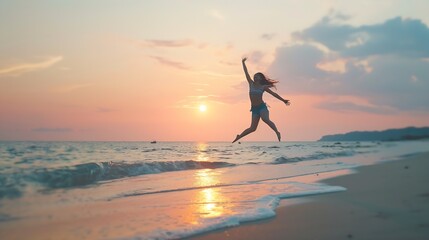 Happy girl jumping on the beach on the dawn time : Generative AI