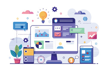 A computer screen displaying information with a light bulb above it for illumination, Intranet Customizable Semi Flat Illustration