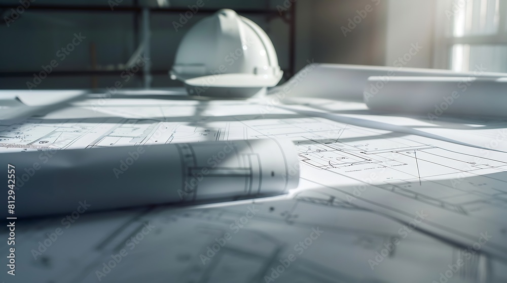 Aufkleber Architectural designed building blueprint layout and engineer tool for designing blueprint with contractor project document on engineer workspace table in office with safety helmet or  : Generative AI
