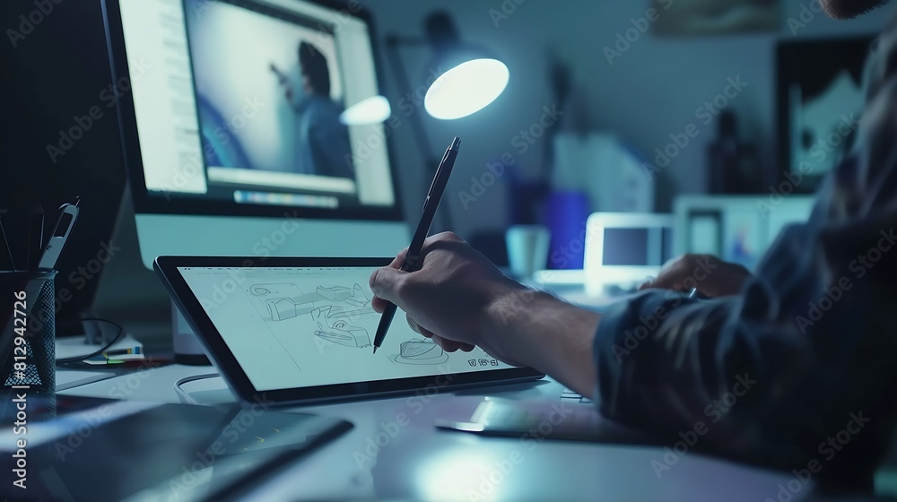 Poster Graphic designer sketching new project on tablet working with laptop in office : Generative AI