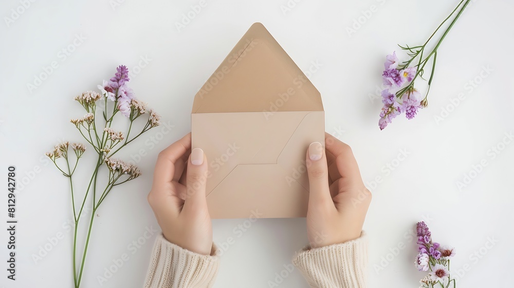 Poster womans hands holding kraft envelope with blank wedding invitation card creative mock up layout on wh