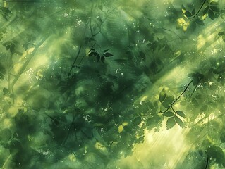 Obraz premium Capture a mystical forest scene from a worms-eye view with sunlight filtering through lush foliage, casting enchanting shadows Use watercolor for a dreamy, ethereal effect