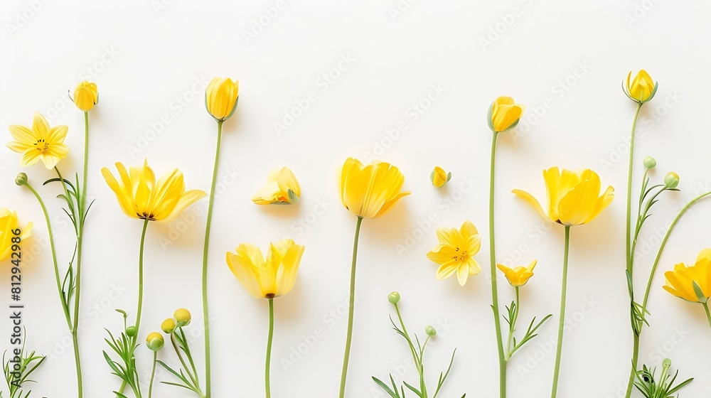 Poster flowers composition yellow flowers on white background spring easter concept flat lay top view copy 