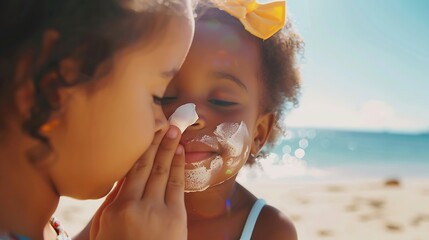 Young mother applying protective sunscreen on daughter nose at beach with copy space Black woman hand putting sun lotion on female child face African american cute little girl with sun : Generative AI