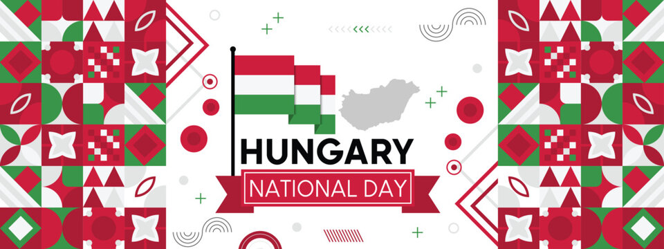 Hangary national or independence day banner for country celebration. Flag and map of Hangary Modern retro design with typorgaphy abstract geometric icons.