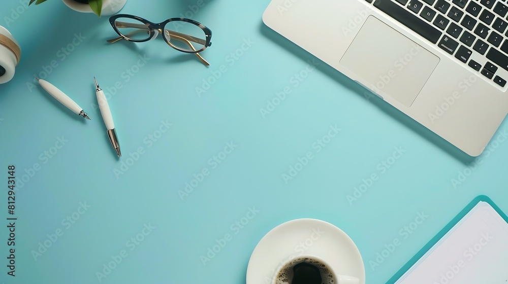 Fototapete modern office desk table with laptop keyboard cup of coffee paper notebook pen glasses on blue backg