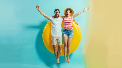 Excited married couple standing with an inflatable circle and ball on light background wall free space People and summer vacation concept : Generative AI - Powered by Adobe