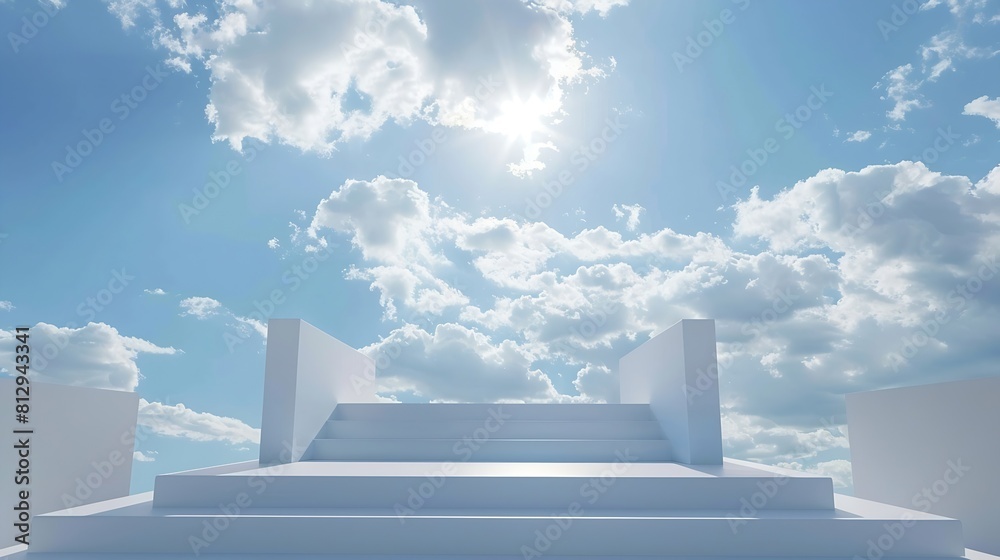 Aufkleber Front view of white podium and stairway with blank space in blue cloudy sky background abstract content : Generative AI