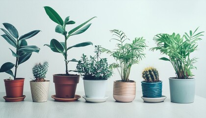 collection of ornamental plants in pots on white background