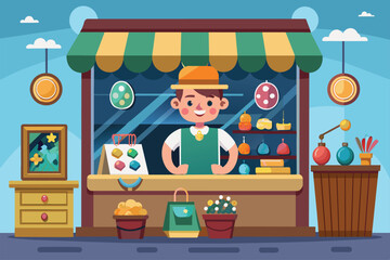 Obraz premium A man standing in front of a jewelry shop selling items on display, Jewelry shop Customizable Cartoon Illustration