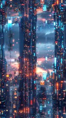 Fototapeta premium Craft a high-angle view of a cityscape seamlessly merging futuristic holographic displays with sleek