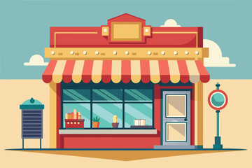 Obraz premium A store front featuring a red and white awning, indicating the presence of a jewelry shop, Jewelry shop Customizable Semi Flat Illustration