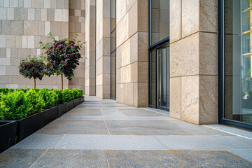 Elegant urban building with a facade composed of polished granite, limestone, and sandstone, reflecting modern stone architecture.. AI generated.