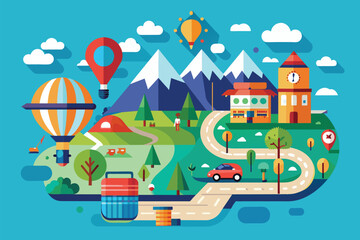 Naklejka premium A map displaying a variety of locations, landmarks, and routes, offering a wealth of information for exploration and navigation, Journey Customizable Flat Illustration