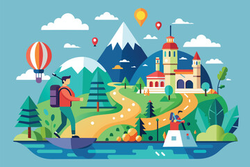 Fototapeta premium A castle sits in the center of a vibrant lake in this colorful illustration, Journey Customizable Flat Illustration