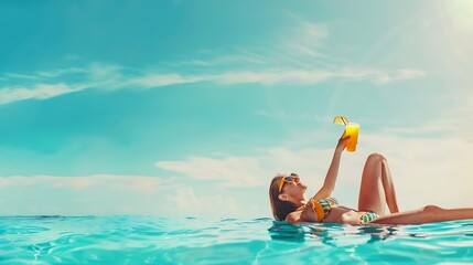 Beach suntan bikini woman sunbathing lying in ocean drinking tropical drink Travel vacation paradise banner panorama background copy space on blue sky : Generative AI