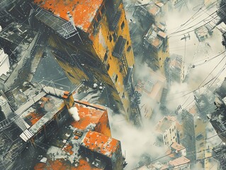 Craft a photorealistic, watercolor-inspired diorama of a dystopian society from a birds-eye view Utilize unexpected angles to provoke awe and contemplation