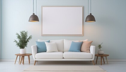 A white sofa with pillows, a poster on a wall and pendant lights in a bright modern interior