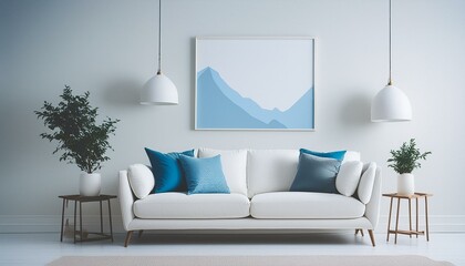 A white sofa with pillows, a poster on a wall and pendant lights in a bright modern interior