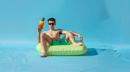 Full body young sexy man wearing green shorts swimsuit relax near hotel pool sit on mattress drink cocktail from pineapple isolated on plain blue background Summer vacation sea rest su : Generative AI