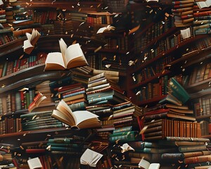 Obraz premium Create a high-angle view illustration blending classic literature Depict an elegant library scene with floating books