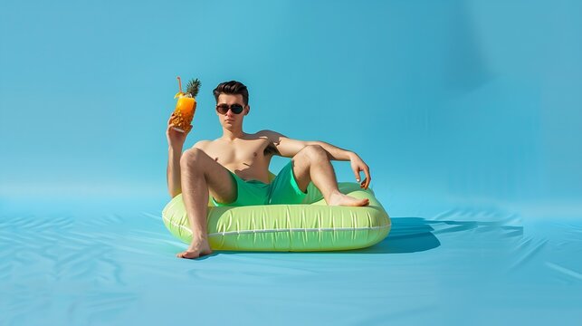 Full body young sexy man wearing green shorts swimsuit relax near hotel pool sit on mattress drink cocktail from pineapple isolated on plain blue background Summer vacation sea rest su : Generative AI