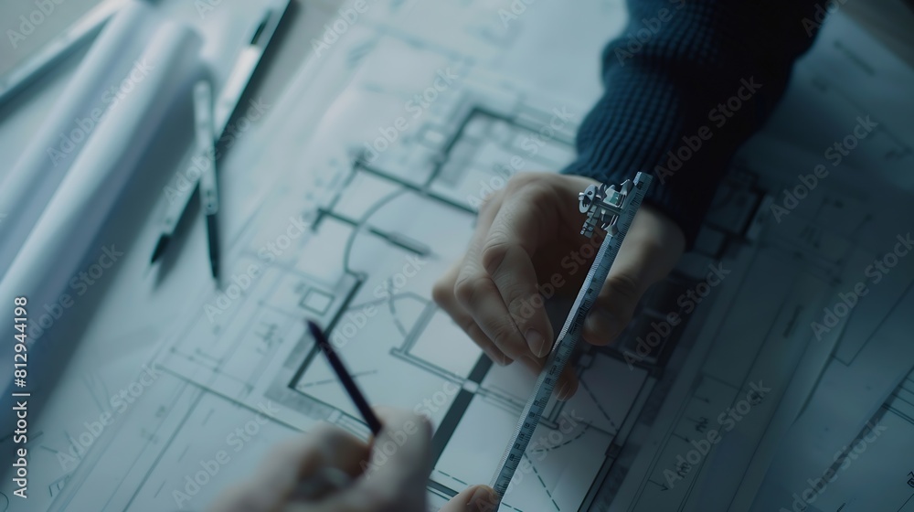 Poster business architecture building construction and people concept close up of architect hands with comp