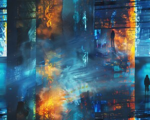Design a captivating digital painting featuring a mysterious figure standing at a virtual crossroads